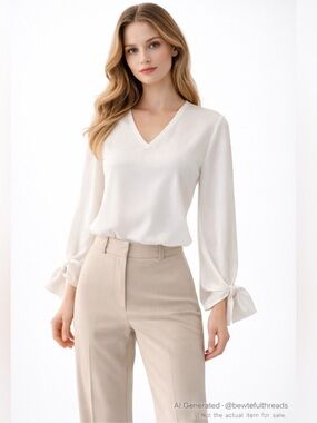 White bow Tie Sleeve Blouse Clean Girl Minimalist Office Chic L